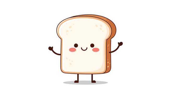 Adorable slice of white bread character with a happy smiling face and tiny arms and legs isolated on a white background.
