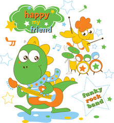 Obraz premium Cute dinosaur rock band playing guitar and drums, funny musical cartoon character vector for kids screen print
