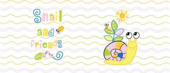Sweet little snail resting on a green leaf in a beautiful morning garden, lovely nature theme vector for baby clothes. © Newhappy