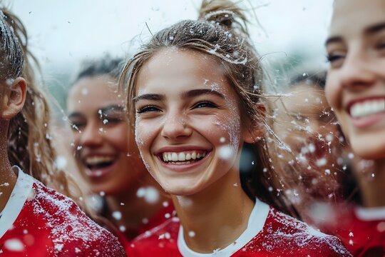 Group of happy young women in red sports jerseys celebrating with water splashes around them outdoors