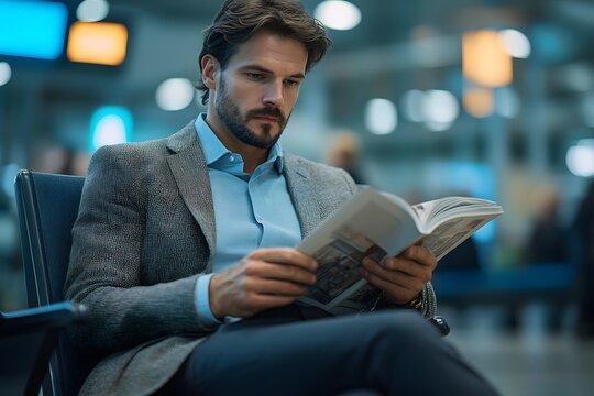 Man in a gray blazer sits in an airport lounge reading a newspaper while waiting for his flight.