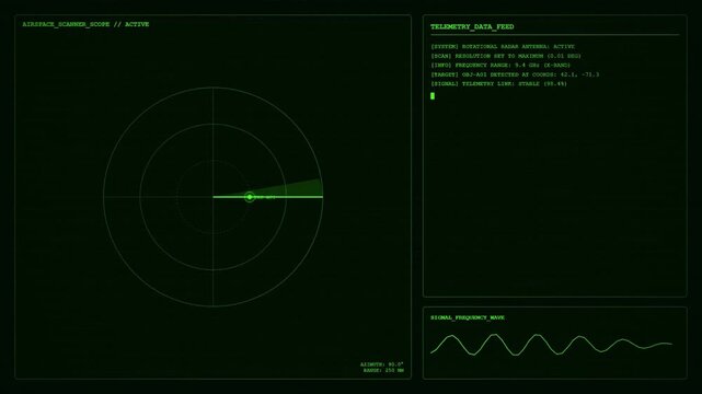 Futuristic green airspace scanner radar telemetry hud interface.