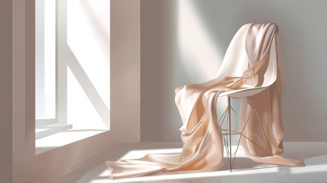 Luxury concept illustration of elegant silk fabric draping a modern chair in a minimalist interior with dramatic window light, creating a serene, peaceful ambiance.