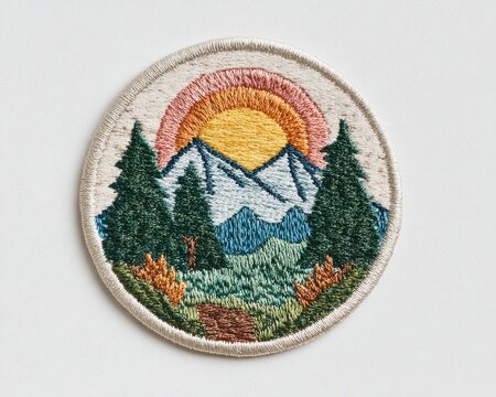 Vintage embroidered patch of a mountain and forest landscape at sunset. Handmade hiking badge and retro outdoor adventure souvenir isolated on a white background.