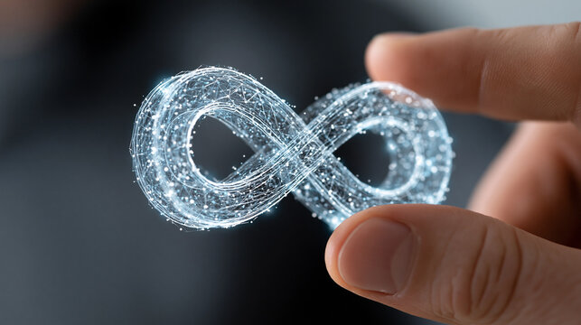  Luminous holographic eternity loop sign between fingers, concept of endless possibilities and data connection.