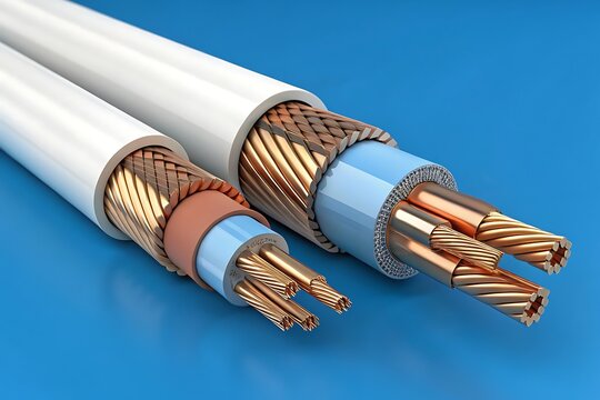 Two cross-sections of electrical power cables with copper conductors and insulation