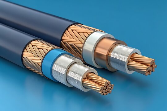 Two cross-sections of industrial electrical cables with copper conductors and protective layers