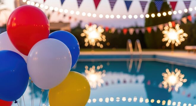 Colorful balloons by a festive pool with string lights