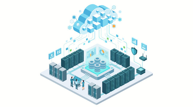 Isometric cloud computing concept with server room and data storage.