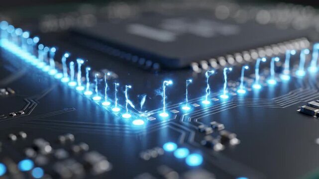 Electric sparks travel across a circuit board, illuminating connections and components, showcasing the dynamic flow of energy in a high-tech electronic environment