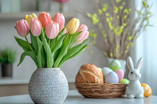 Vase of colorful tulips and easter decorations on a table in a bright room