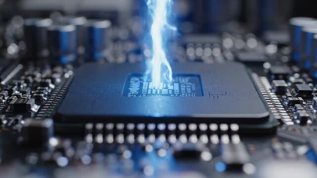 Close-up sequence of a computer microchip with electric sparks emerging, showcasing the dynamic energy flow across the circuit board in a high-tech environment