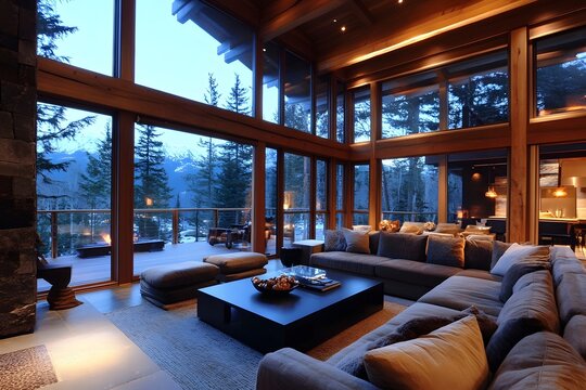 Luxurious living room with a large window overlooking a snowy forest at dusk