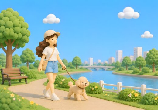 공원에서 반려견과 산책하는 여름 라이프스타일 3D 렌더링
 Generating AI