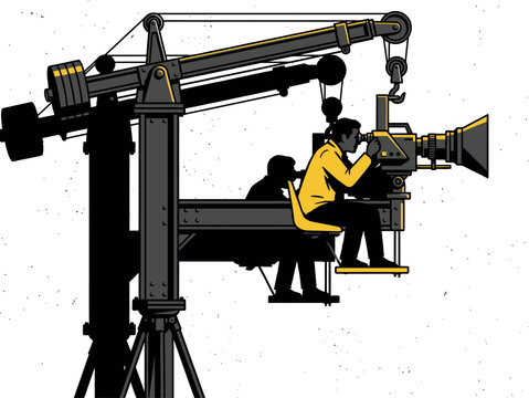 Vintage Filmmaking Vector Illustration of a Camera Operator and Crew on a Large Mechanical Crane Rig Shooting a Movie, Retro Comic Book Style Graphic for Cinema Production and Hollywood