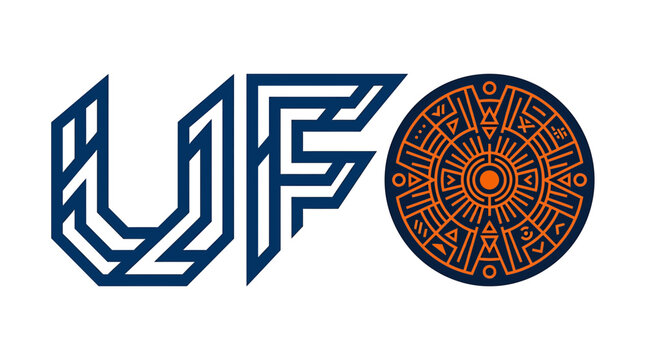 Geometric Aztec logo, Mayan calendar symbol, UF initials, blue and orange vector icon
