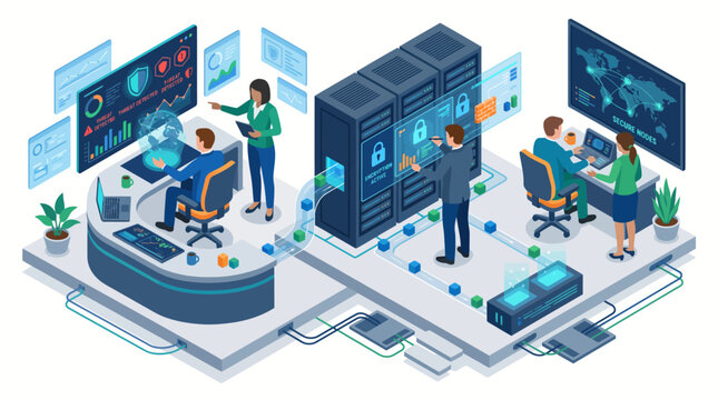 Isometric Data Center with People Monitoring Servers and Networks.