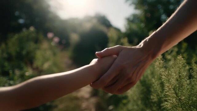 Parent Holding Child Hand Outdoors During Sunny Day Walk