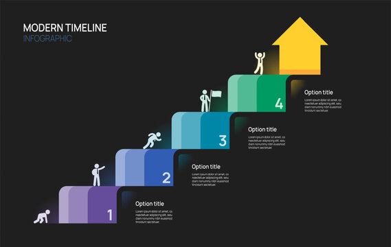 Business success staircase infographic with icons and 4 steps arrow, timeline roadmap template. growth presentation vector.