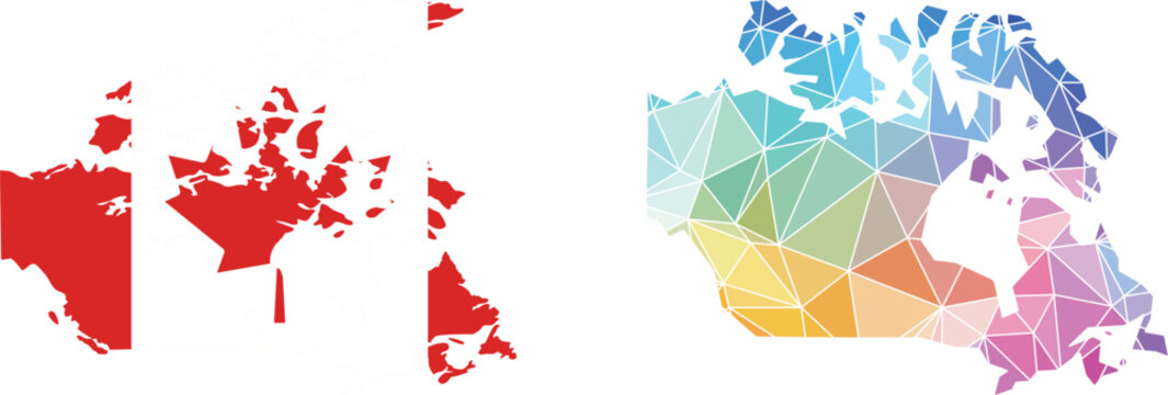 Set of canadian map vector illustrations featuring red silhouette map and abstract geometric multicolored low poly design geometric polygonal triangles colorful
