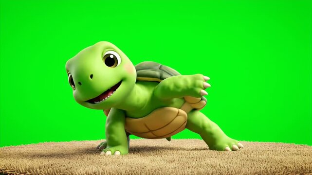 Adorable Cartoon Turtle Character with Big Expressive Eyes and Green Shell Posing Playfully on Textured Ground Isolated on Green