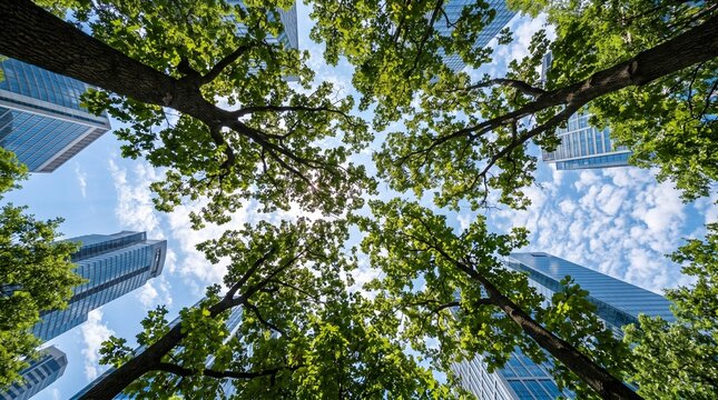 Skyscrapers rise above lush green trees in a modern urban park setting that creates a beautiful city environment.