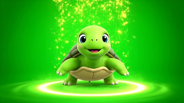 Charming 3D Rendered Cute Turtle With Big Blue Eyes and Green Shell Stands on a Glowing Yellow Circle Surrounded by Golden