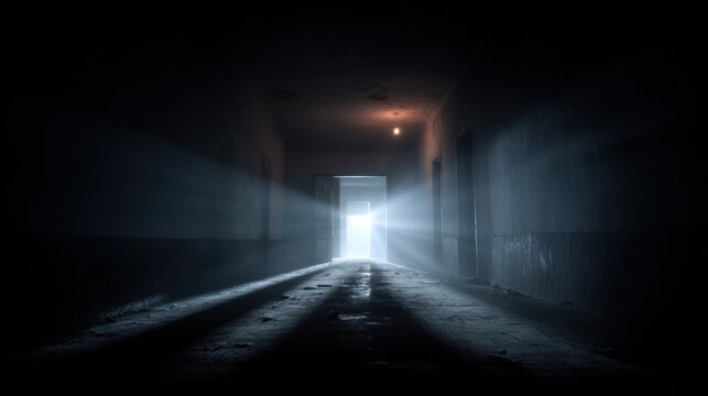 Tunnel Vision: Rays of light pierce the darkness of a long, narrow tunnel, illuminating dust motes and casting dramatic shadows, creating an atmosphere of mystery and anticipation.