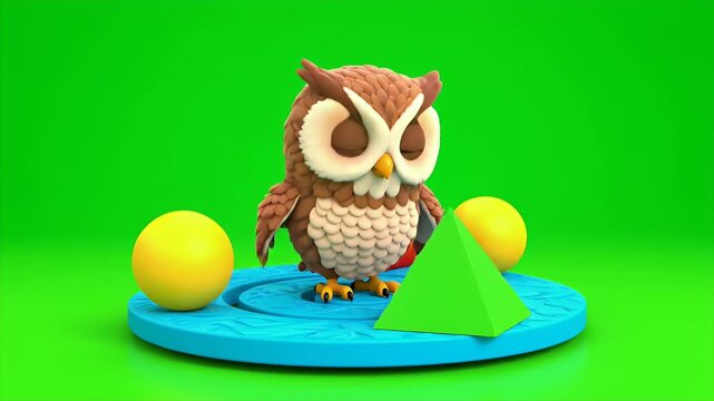 Cute 3D Render Of A Cartoon Owl Character Standing On A Blue Circular Platform Surrounded By Geometric Shapes Including A Red