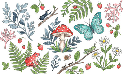 Detailed Botanical Watercolor Style Forest Vector Set Featuring Amanita Mushroom Butterfly Frog Grasshopper Daisy Flowers and Wild Strawberries for Nature Designs © Ismail