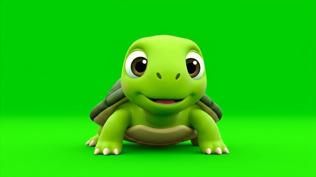 Cute Cartoon Turtle Character Animation on a Bright Green Screen Background with a Cheerful Expression and Gentle Movement