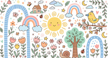 Cute Cartoon Spring Nature Vector Collection Featuring Smiling Sun Rainbows Flowers Bird Tree and Whimsical Garden Elements for Kids Wallpaper Designs © Ismail