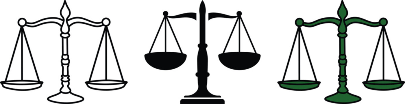 Scales of justice icons in various styles with white background judgment equality fairness graphics illustration judicial attorney litigation collection
