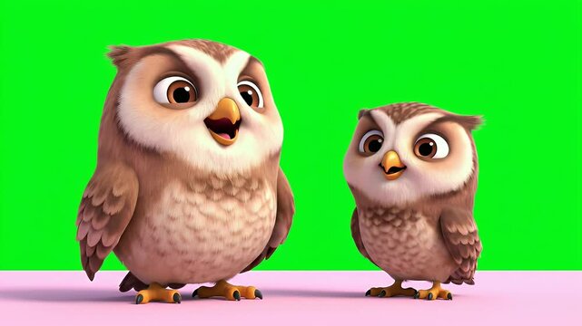 Two Adorable Cartoon Owlets With Big Expressive Eyes Stand Facing Each Other Against A Vibrant Green Screen Background With A