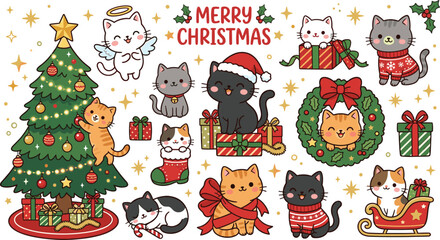 Fototapeta premium Cute Cartoon Christmas Cats Vector Illustration Set with Holiday Tree Presents Wreath and Festive Kitten Characters for Greeting Cards and Winter Designs