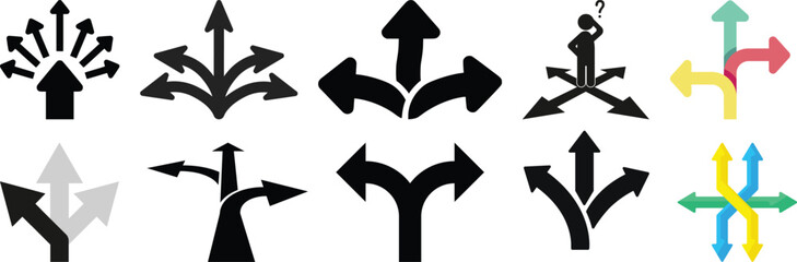 Set of black and colorful direction arrows and signpost symbols vector icons with signpost direction navigation pointers wayfinding illustration decision  © stockpixelstudio