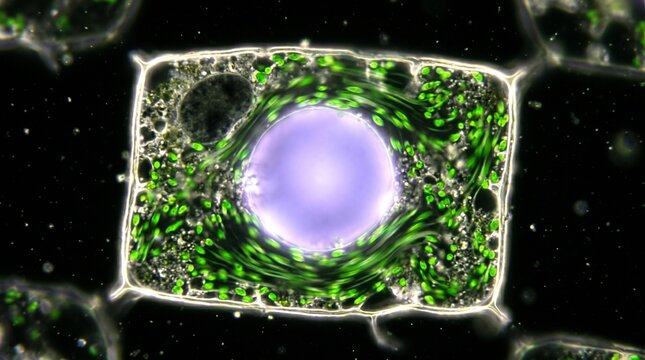 Darkfield time-lapse Elodea leaf cell: central vacuole (lavender), streaming chloroplasts (green), motion streaks, black background

