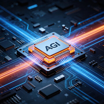 AGI terahertz quantum cascade laser, 'AGI' text, quantum cascade laser emitting terahertz radiation, multiple quantum well cascade structure, THz emission from semiconductor chip