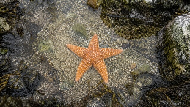 Orange Starfish in Clear Rock Pool. Vibrant marine sea star resting on wet sand under shallow ocean water symbolizes natural tranquility and coastal resilience