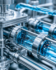 Fototapeta premium Transparent process pipe with blue liquid for water treatment technology