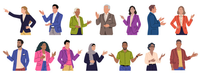 Naklejka na ściany i meble Diverse people gesture expressively. They convey enthusiasm, curiosity, or explanation. Flat design style suits digital illustrations. Use for educational, corporate, or presentation visuals