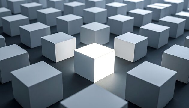 One bright cube stands out in a sea of gray. Its light contrasts sharply with duller surroundings