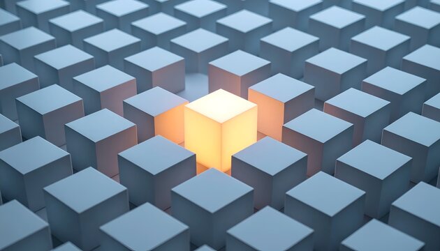 Single glowing cube stands out among uniform grey blocks. Soft light radiates from its center