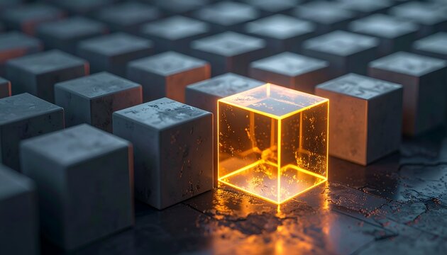 Unique glowing cube in a uniform row, representing innovation, strategic differentiation, and standout success in business.