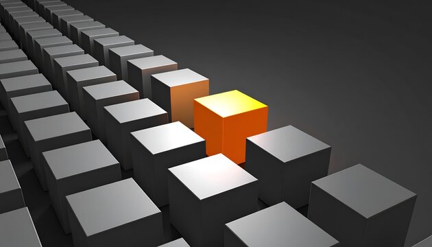 Highlighted glowing block in a row of identical cubes, representing leadership, individuality, and exceptional performance.