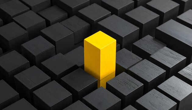 Single yellow cube stands out amid sea of black blocks. Sharp contrast highlights uniqueness