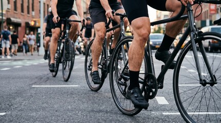 Fototapeta premium Cyclists Pedaling on Road Bike in City Traffic, Urban Fitness Lifestyle made by AI generative