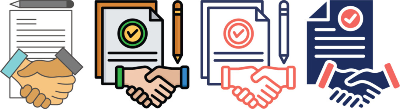 Set of contract document and handshake icons for business deals with handshake contract document agreement business partnership signature illustration
