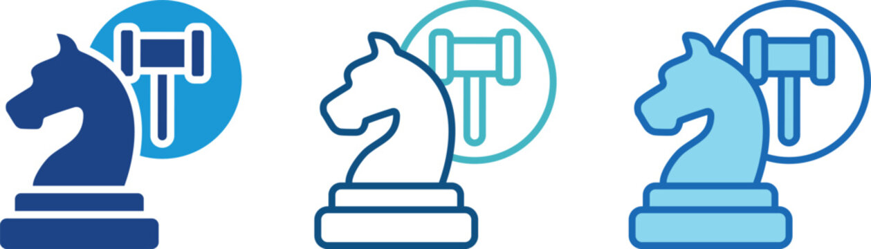 Set of chess knight icons with judicial hammer symbols for legal strategy illustration judgment business decision professional planning authority
