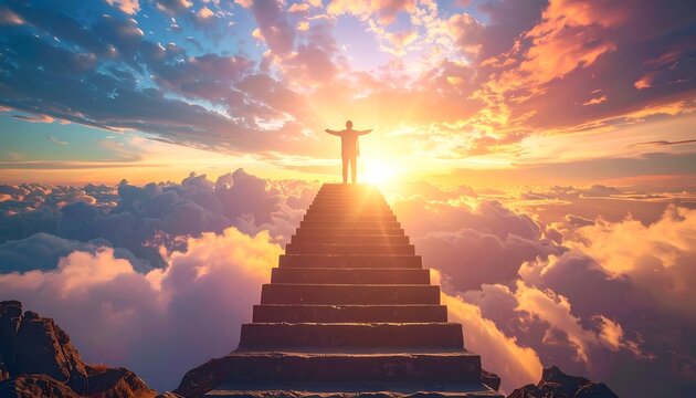 Lone figure stands atop a grand staircase, arms wide open. Sunset glows behind them